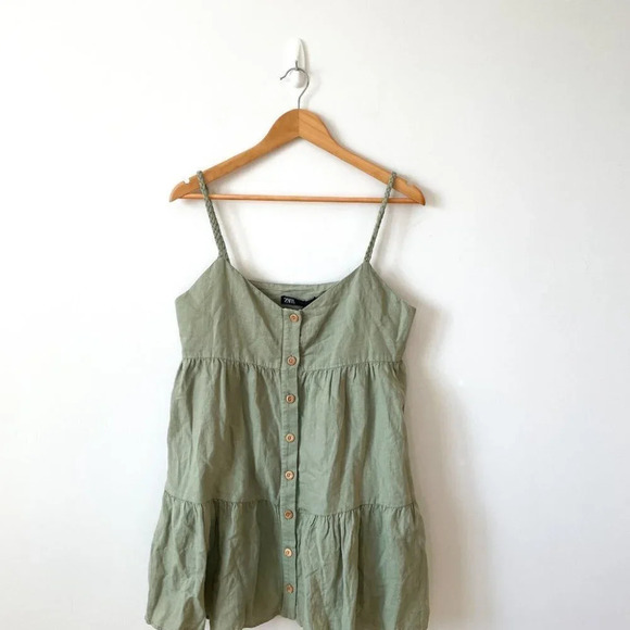 Zara Linen Blend Woven Strap Mini Tiered Summer Dress Green NWT Size Large - Picture 3 of 7